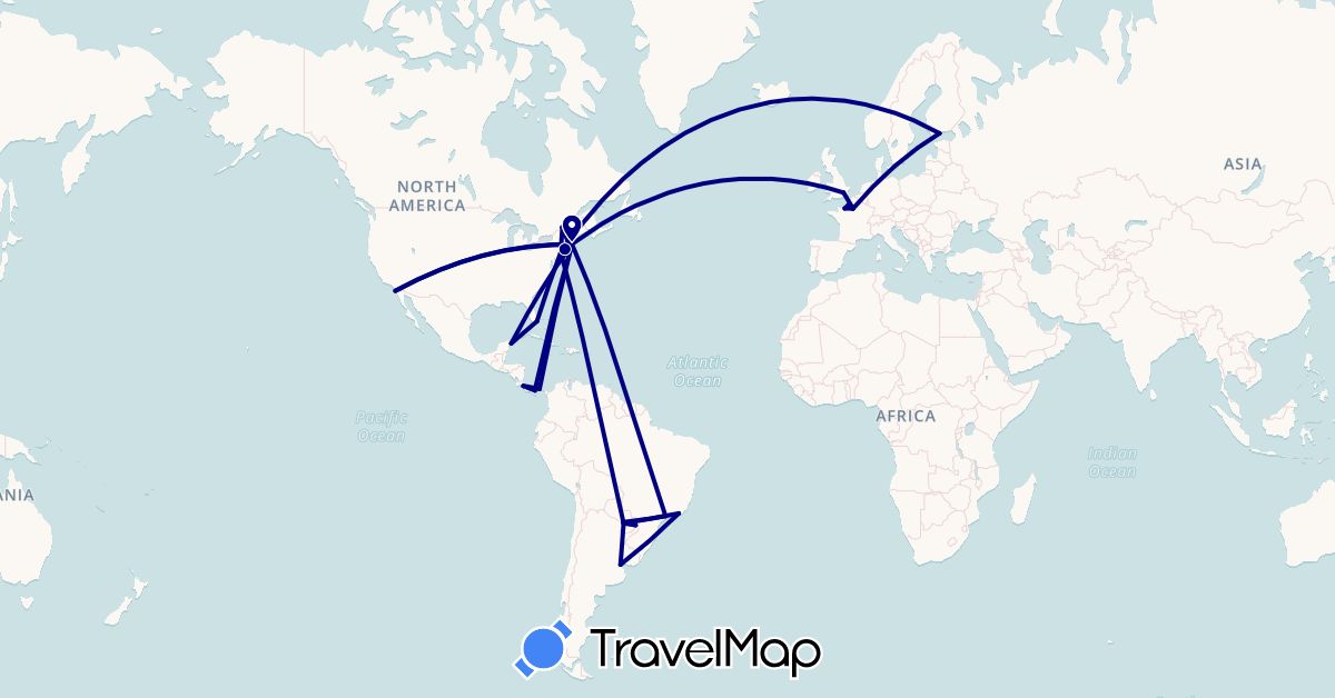 TravelMap itinerary: driving in Argentina, Brazil, Canada, Costa Rica, Finland, France, United Kingdom, Mexico, Panama, Paraguay, United States (Europe, North America, South America)